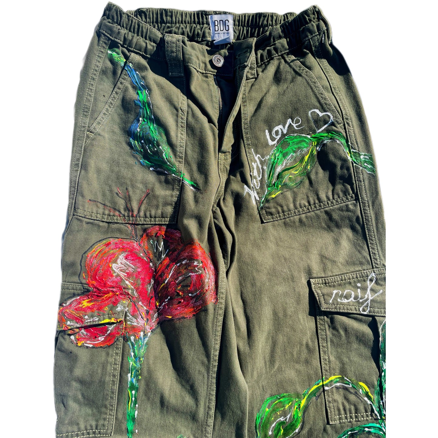 “Get this Doode a Doobie” – Hand-Painted Floral Energy Cargo Pants