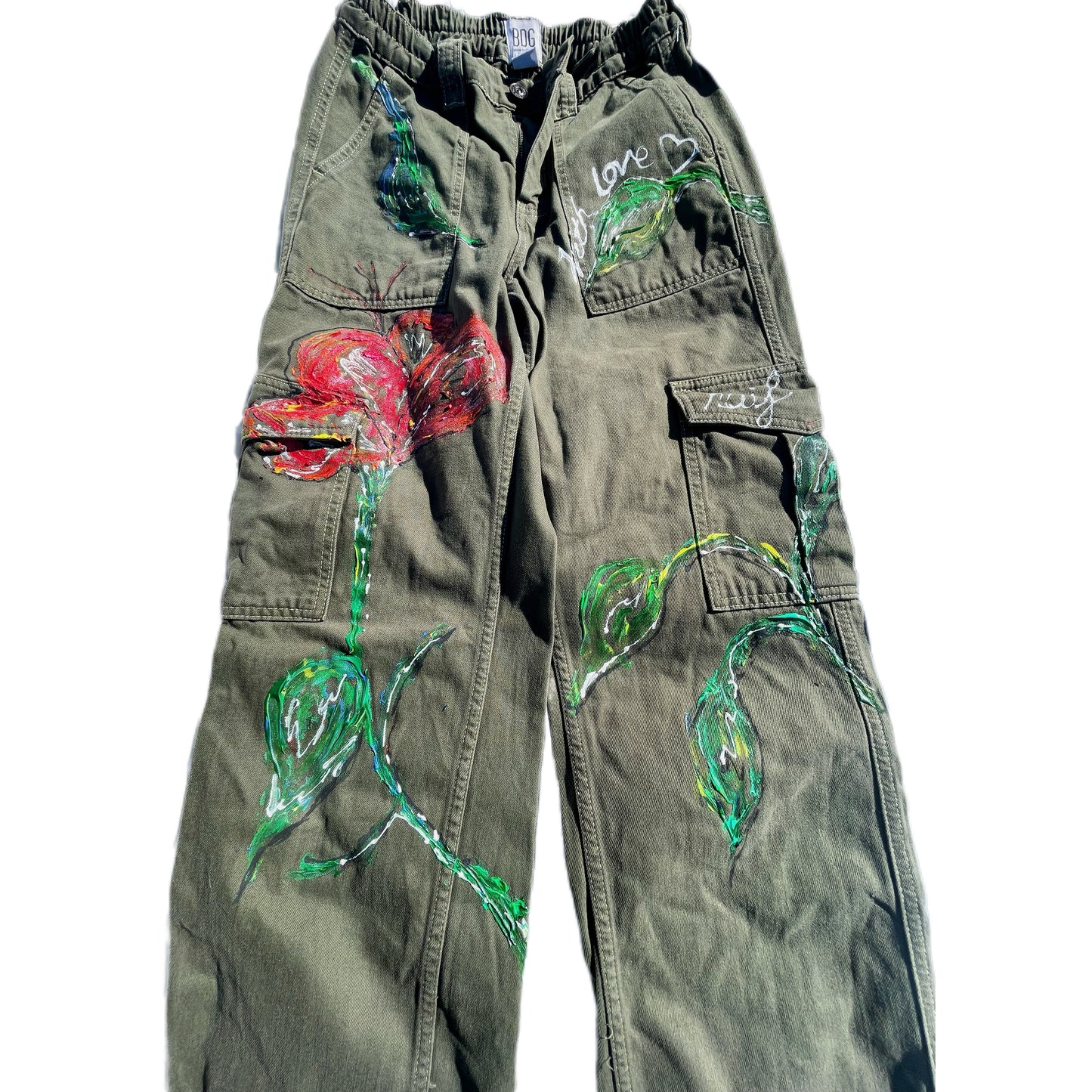 “Get this Doode a Doobie” – Hand-Painted Floral Energy Cargo Pants