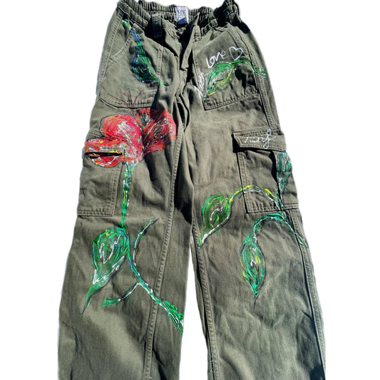 “Get this Doode a Doobie” – Hand-Painted Floral Energy Cargo Pants