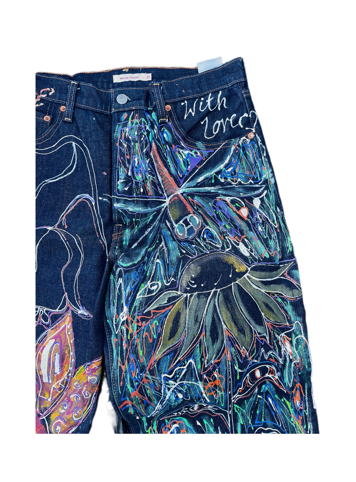 “Garden of Whimsy” Hand-Painted Denim Jeans