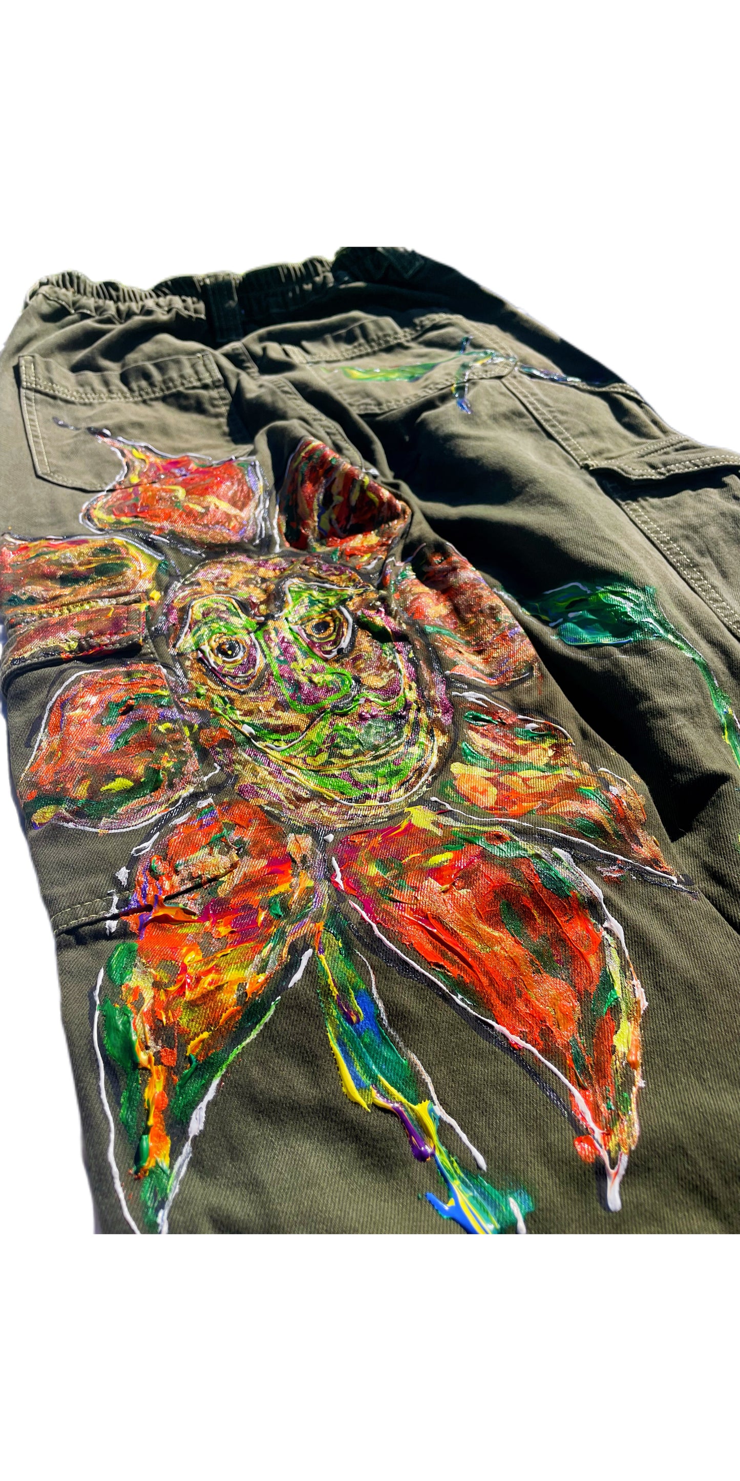“Get this Doode a Doobie” – Hand-Painted Floral Energy Cargo Pants