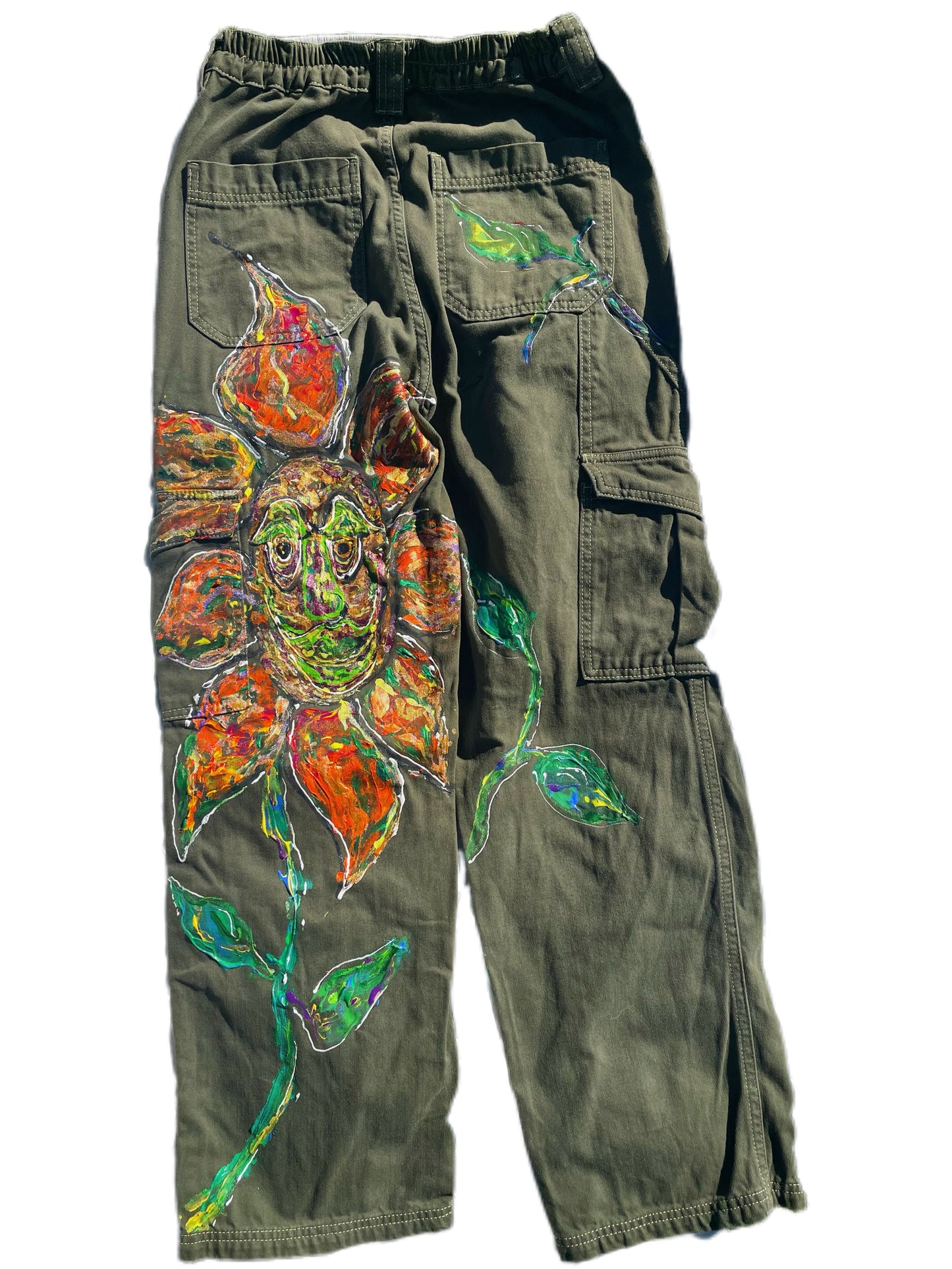 “Get this Doode a Doobie” – Hand-Painted Floral Energy Cargo Pants