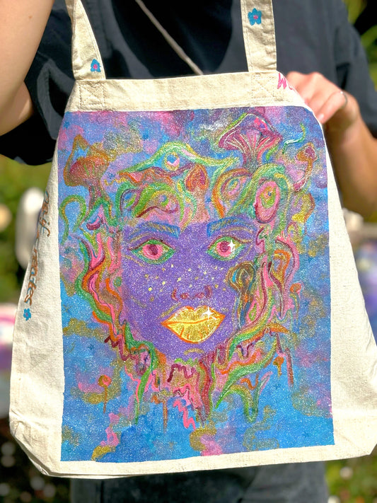 Hand-Painted Eco-Conscious Cotton Tote Bag – "Visions of the Unraveled Mind" Design