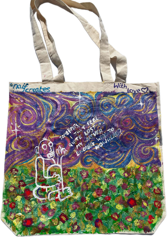 Hand-Painted Eco-Conscious Cotton Tote Bag – "Lost on My Way" Design