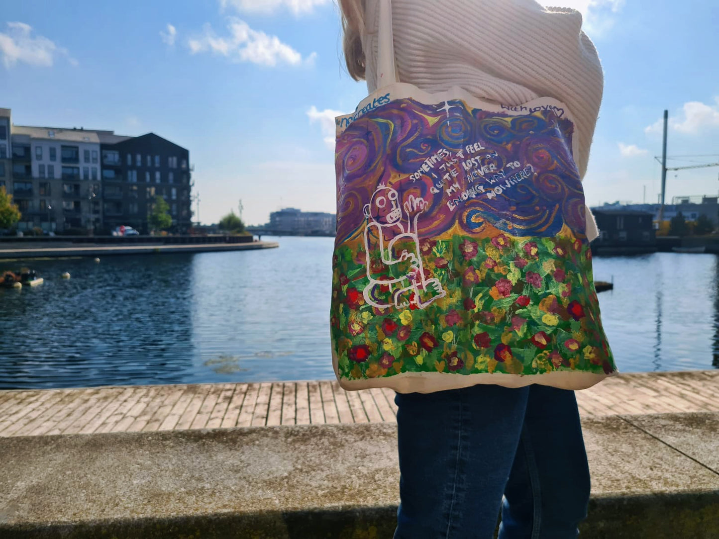 Hand-Painted Eco-Conscious Cotton Tote Bag – "Lost on My Way" Design