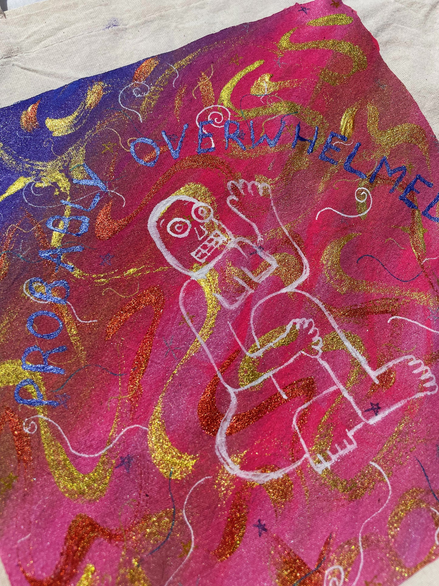 Hand-Painted Eco-Conscious Cotton Tote Bag – "Probably Overwhelmed" Design