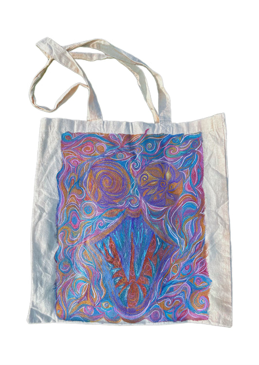 Hand-Painted Thrifted Tote – “Psychedelic Bloom”