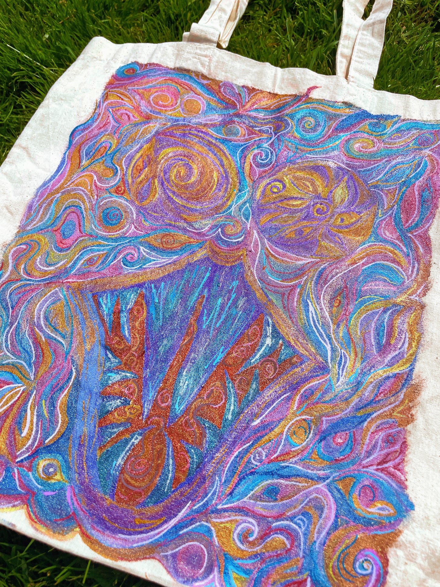 Hand-Painted Thrifted Tote – “Psychedelic Bloom”