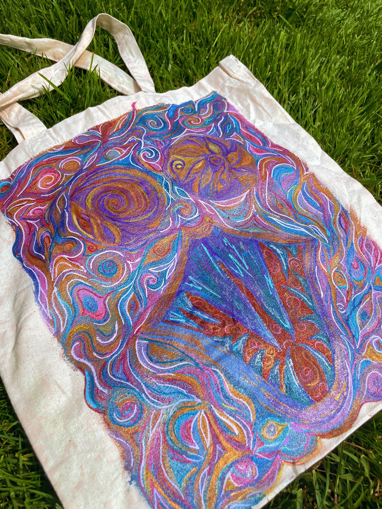 Hand-Painted Thrifted Tote – “Psychedelic Bloom”