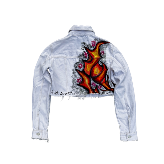 “Electric Flame” Cropped White Denim Jacket