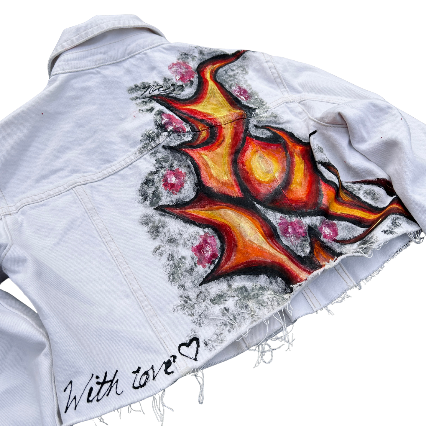 “Electric Flame” Cropped White Denim Jacket