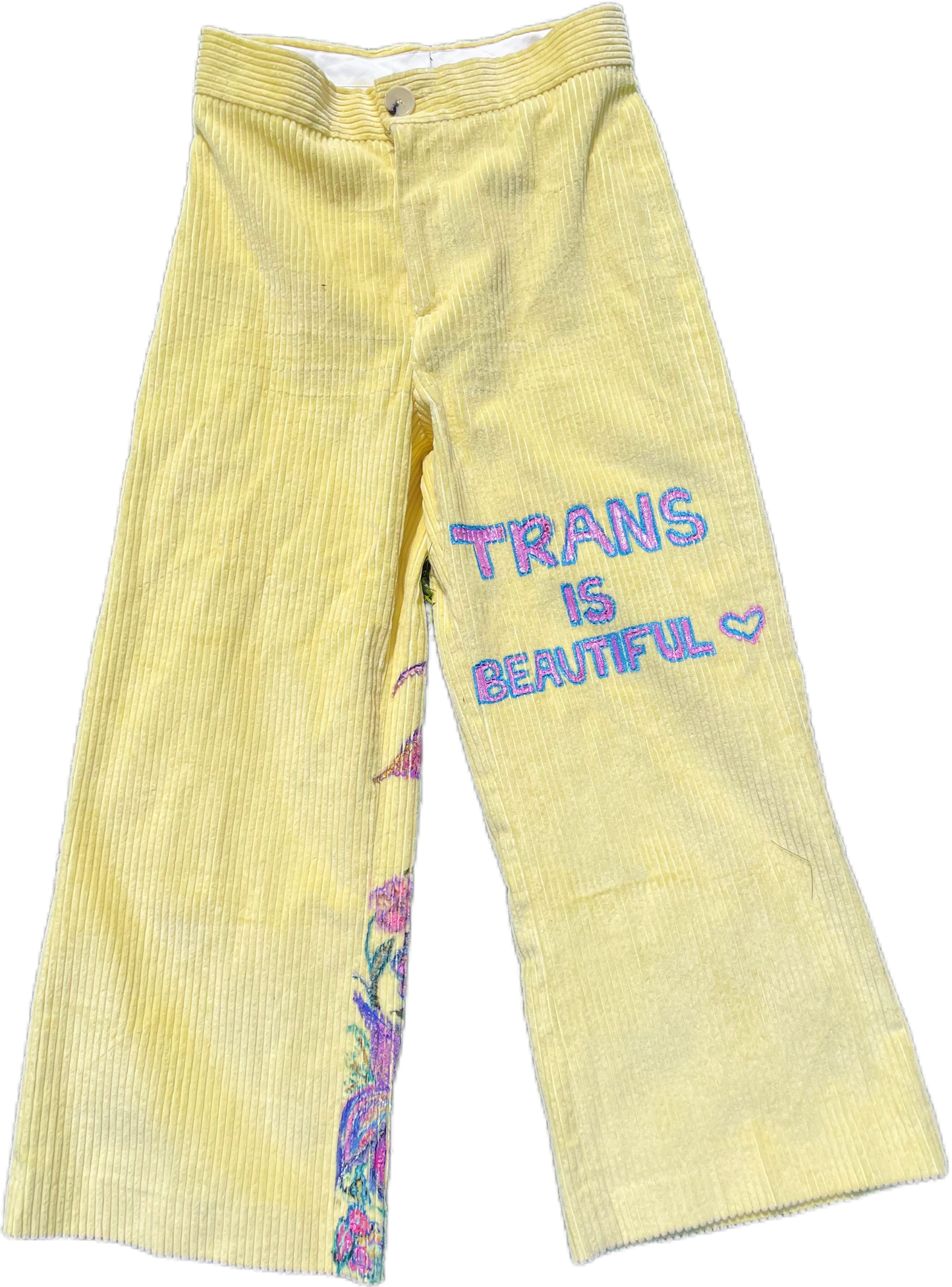 Hand- Painted “Trans Is Beautiful” Yellow Corduroy Pants