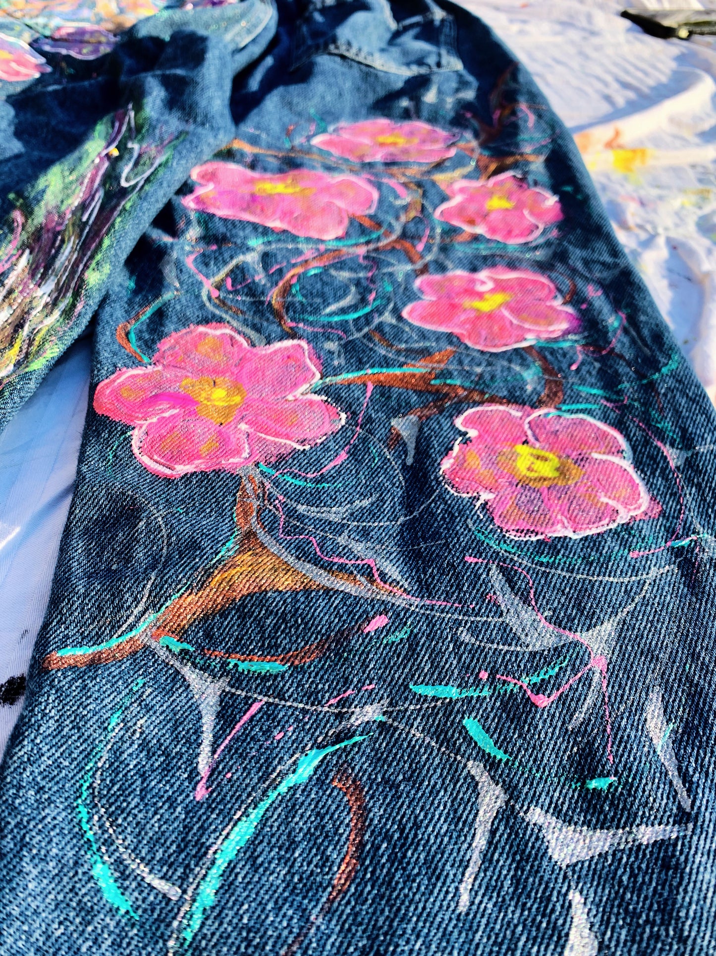 “Wild Bloom” – Hand-Painted Upcycled Denim Jeans