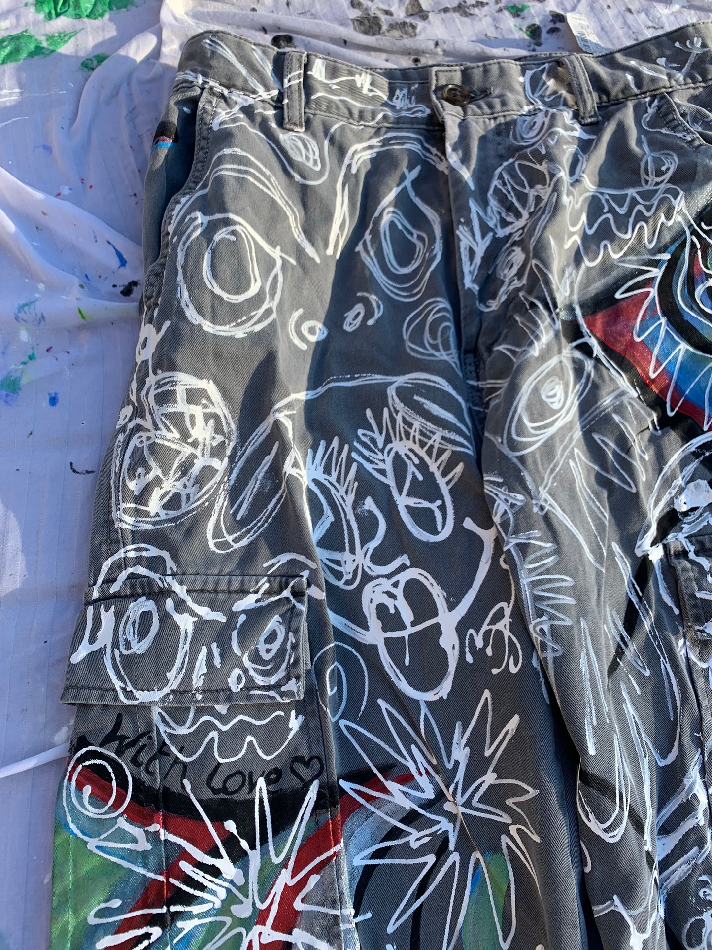 “Zapped and Doodled”- Hand Painted Cargo Pants