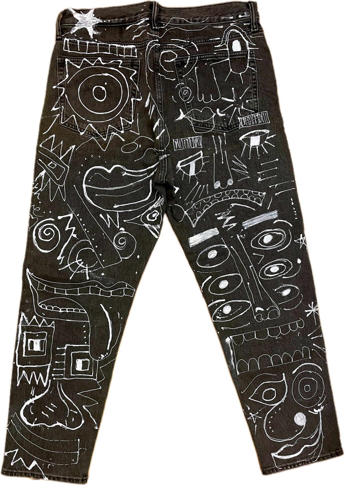 Hand-Painted Abstract Face Black Denim Jeans