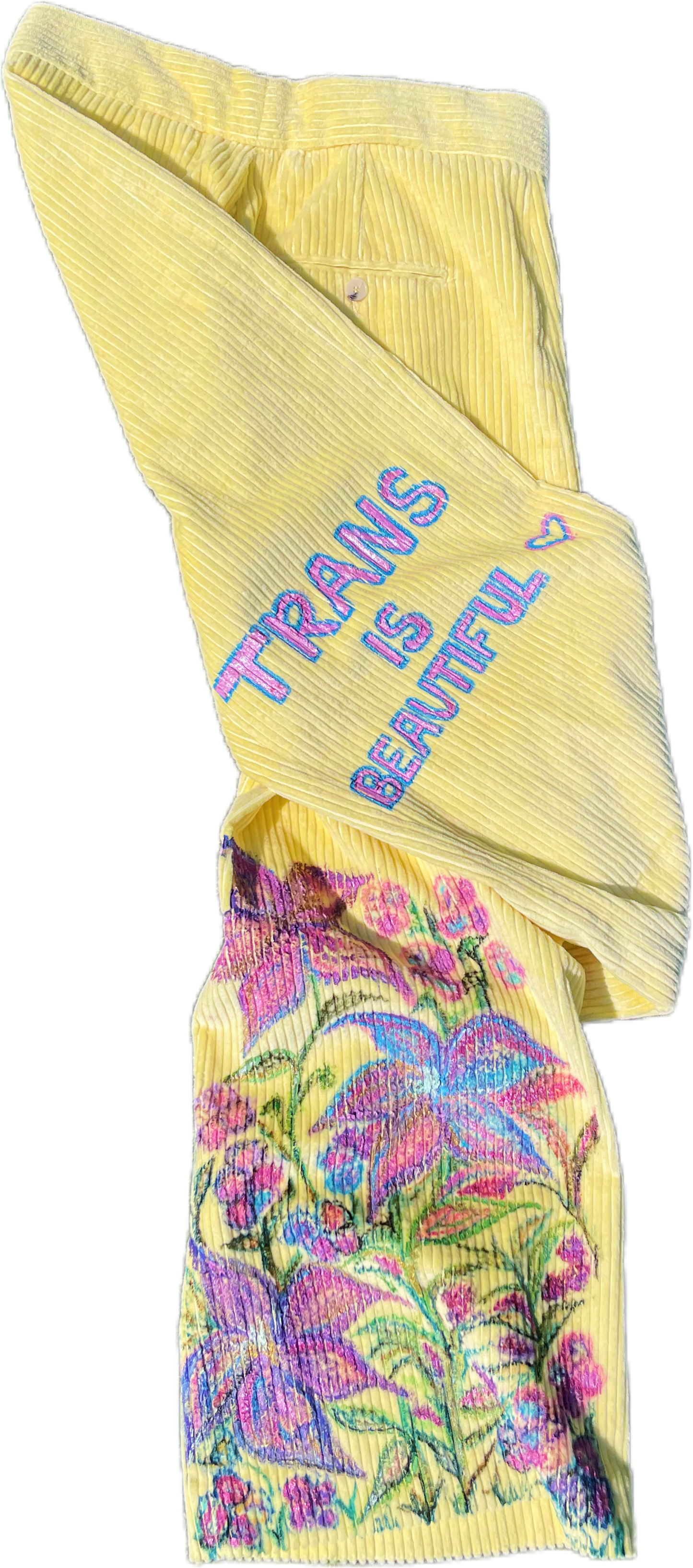 Hand- Painted “Trans Is Beautiful” Yellow Corduroy Pants