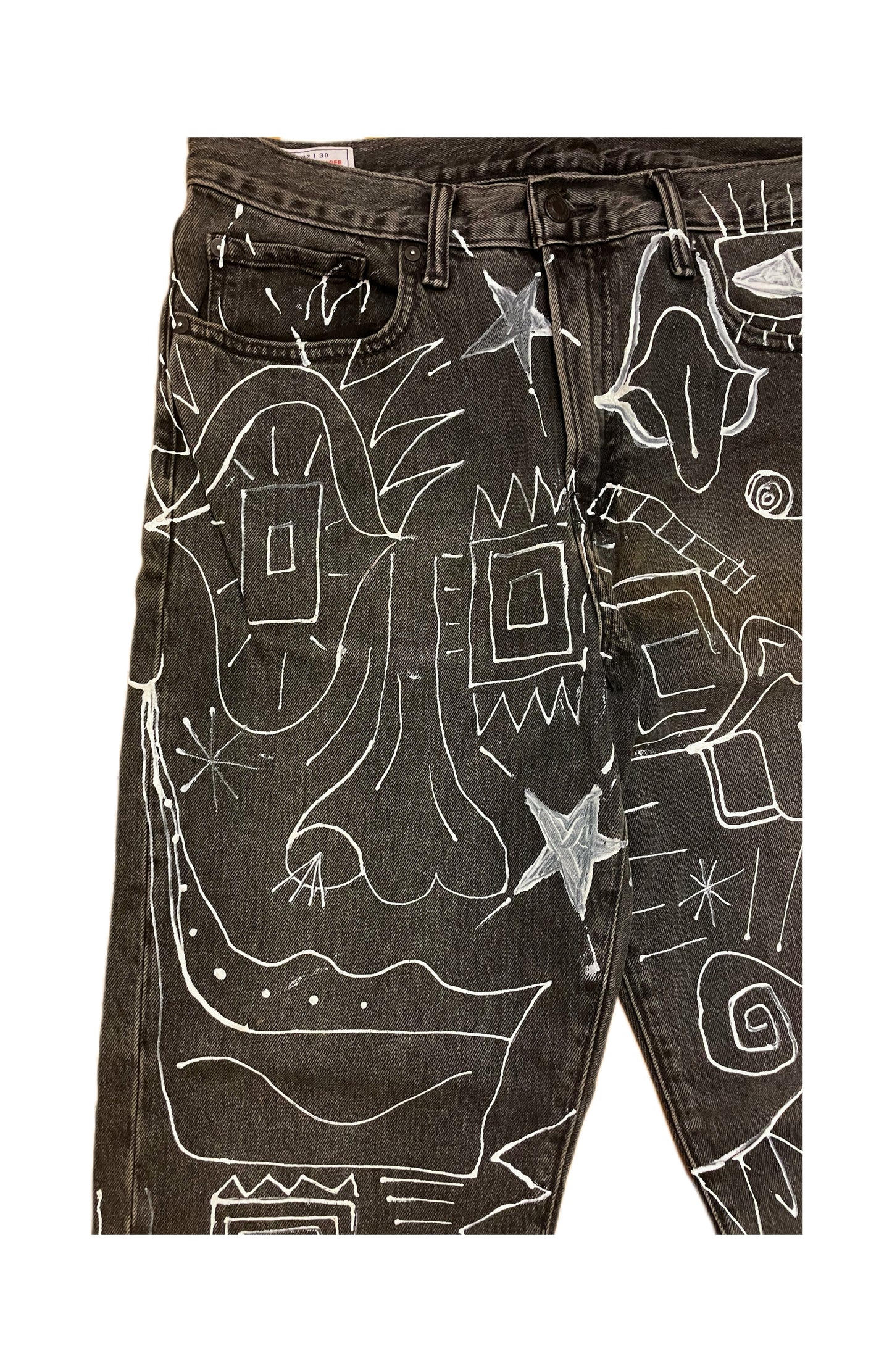 Hand-Painted Abstract Face Black Denim Jeans