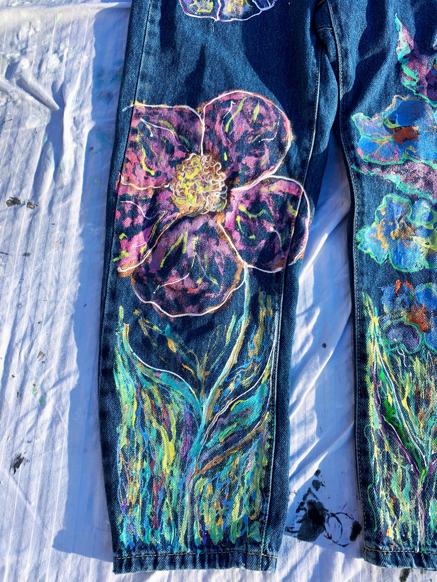 “Wild Bloom” – Hand-Painted Upcycled Denim Jeans