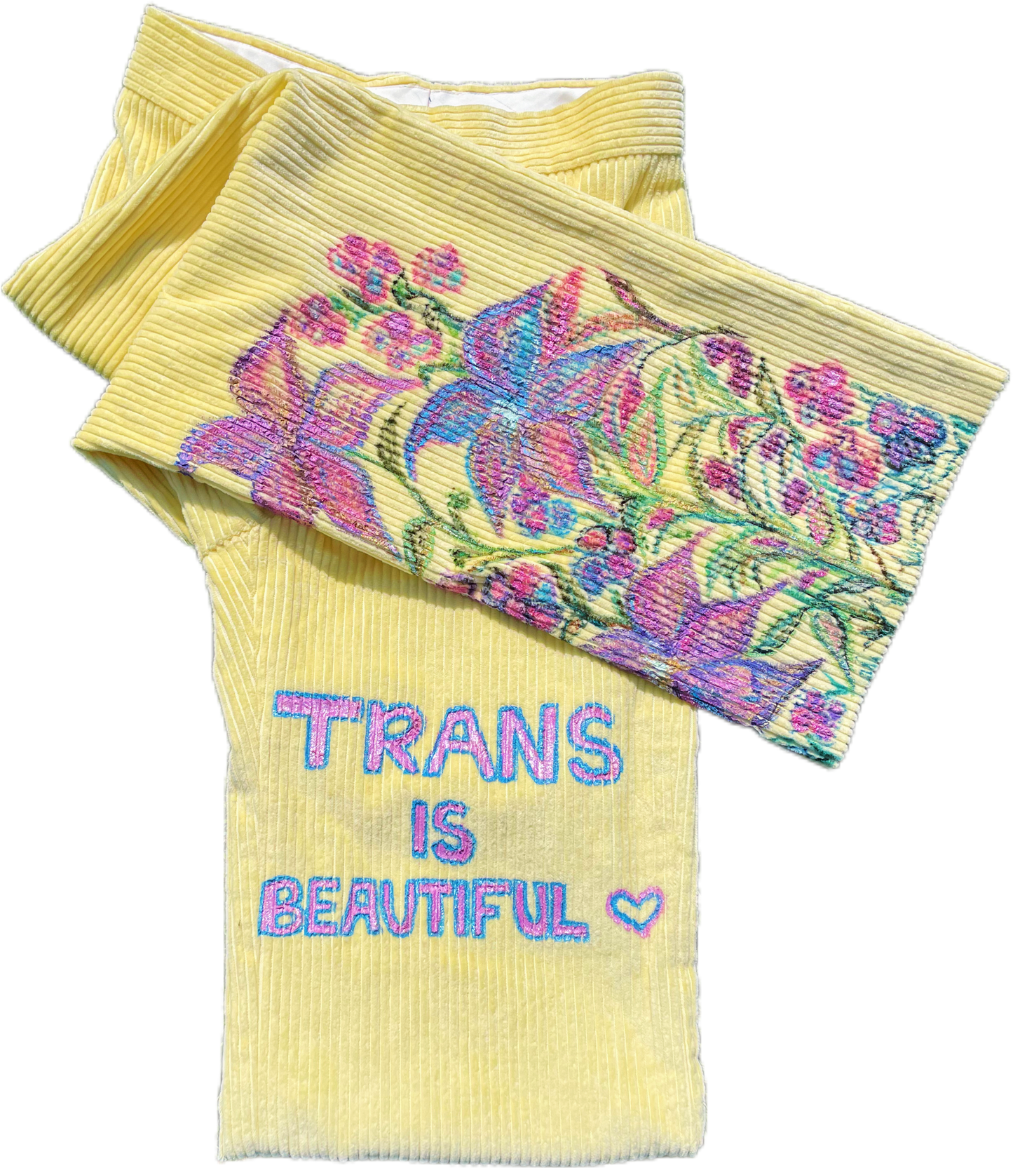 Hand- Painted “Trans Is Beautiful” Yellow Corduroy Pants