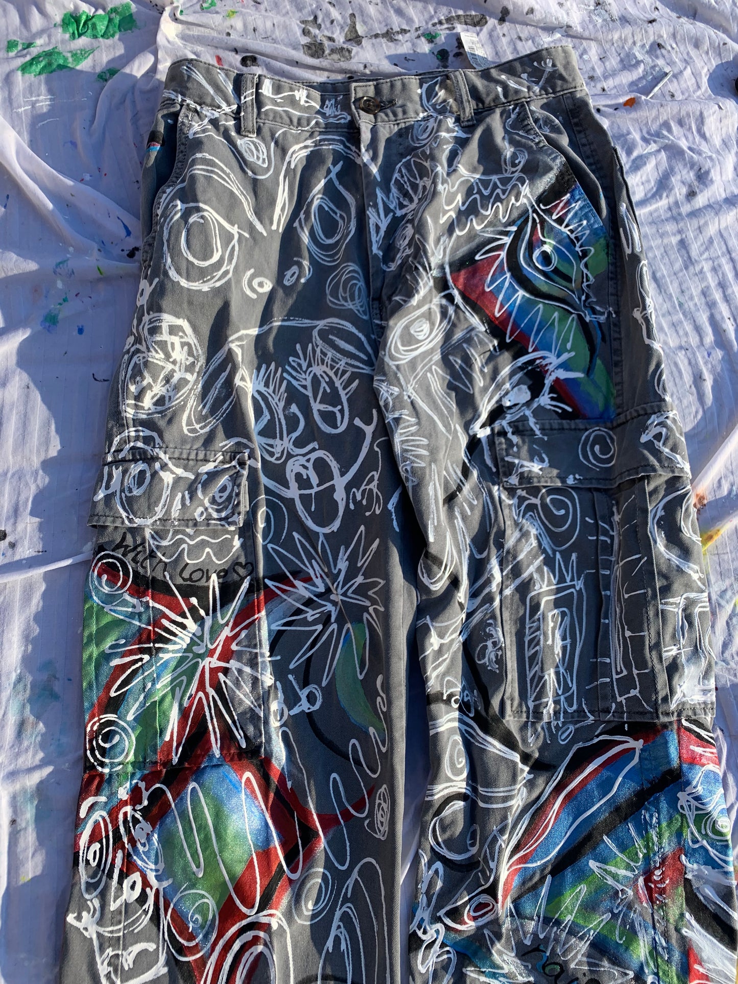 “Zapped and Doodled”- Hand Painted Cargo Pants