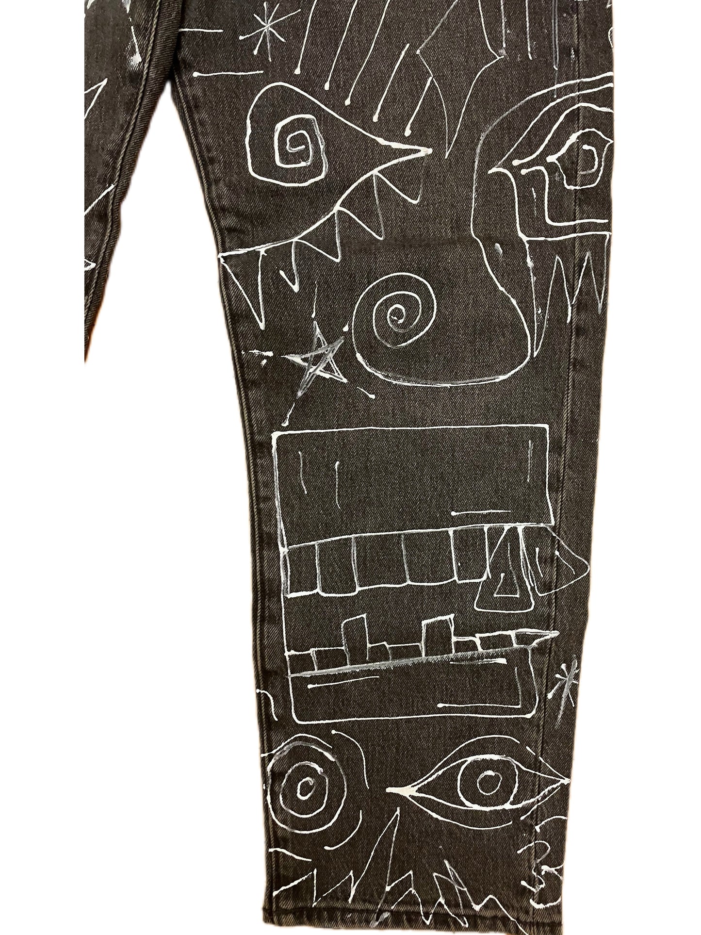 Hand-Painted Abstract Face Black Denim Jeans