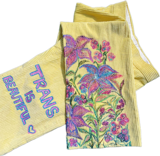 Hand- Painted “Trans Is Beautiful” Yellow Corduroy Pants