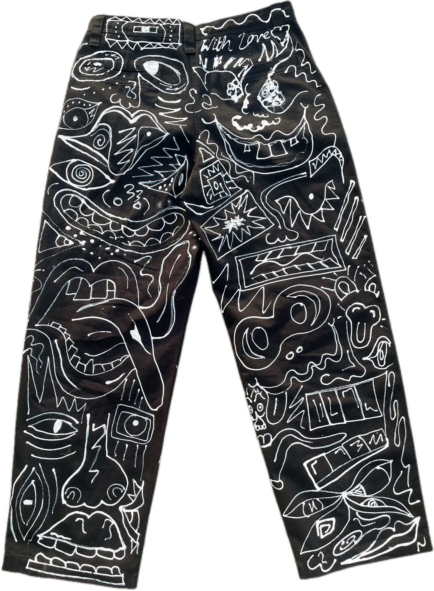 Abstract Chaos: Hand-Painted Black Denim Pants