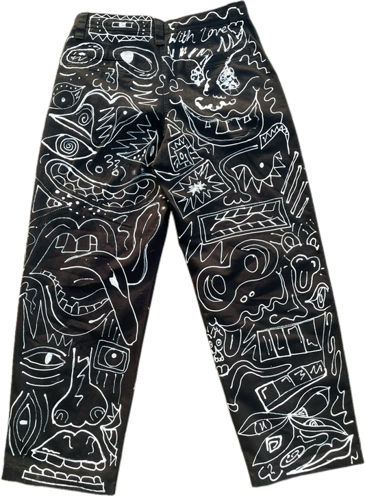 Abstract Chaos: Hand-Painted Black Denim Pants