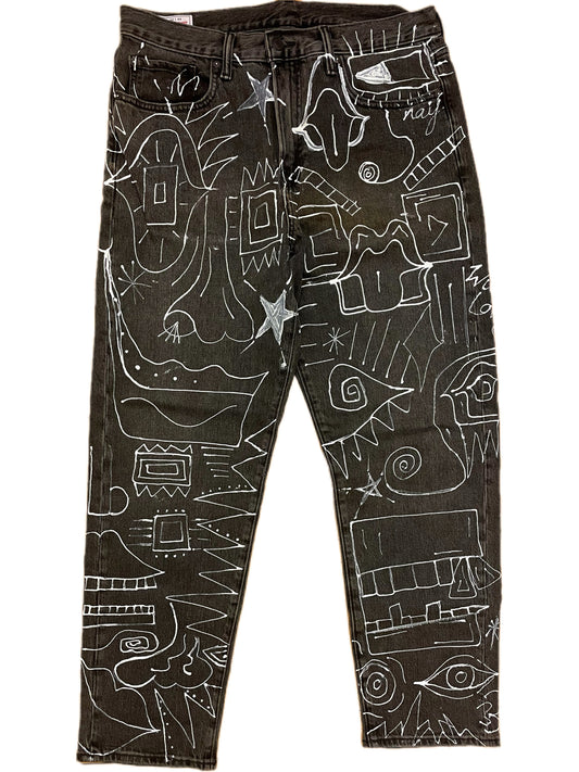 Hand-Painted Abstract Face Black Denim Jeans