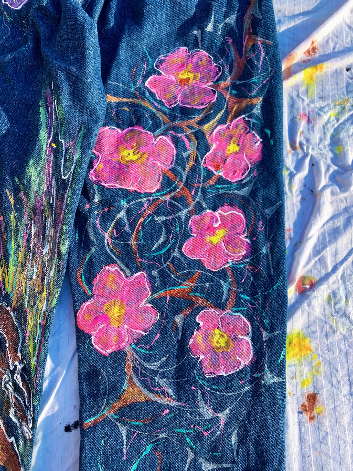 “Wild Bloom” – Hand-Painted Upcycled Denim Jeans