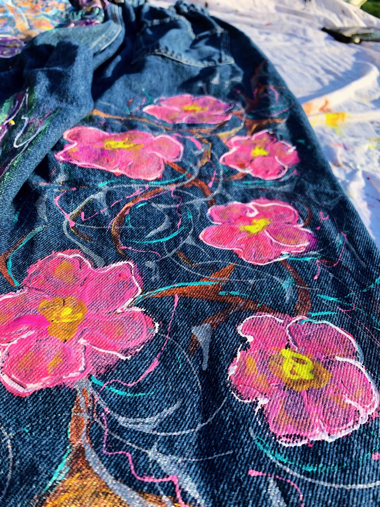 “Wild Bloom” – Hand-Painted Upcycled Denim Jeans