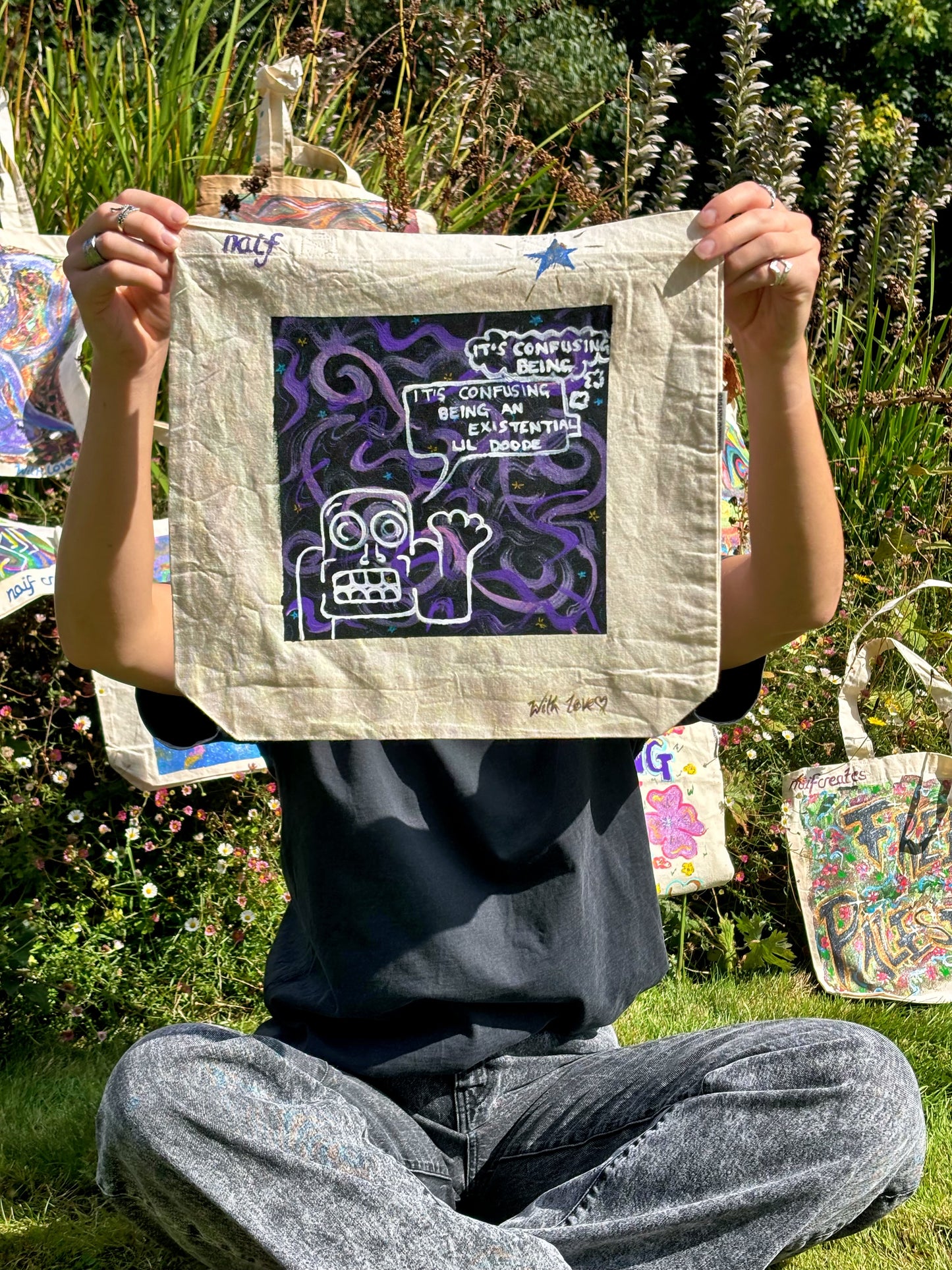 Hand-Painted Eco-Conscious Cotton Tote Bag – "Existential Lil Doode" Design