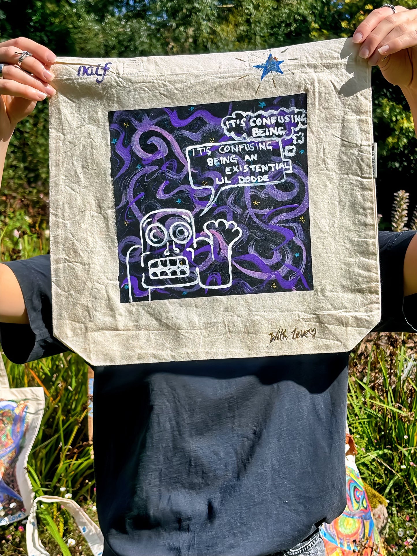 Hand-Painted Eco-Conscious Cotton Tote Bag – "Existential Lil Doode" Design