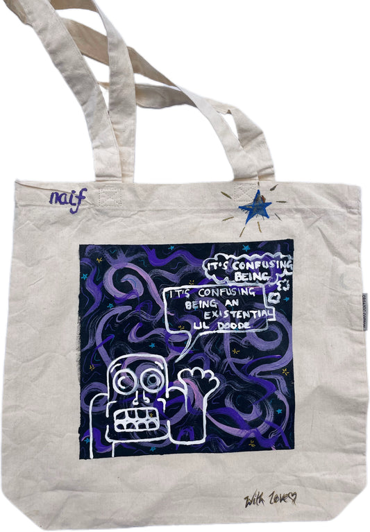 Hand-Painted Eco-Conscious Cotton Tote Bag – "Existential Lil Doode" Design