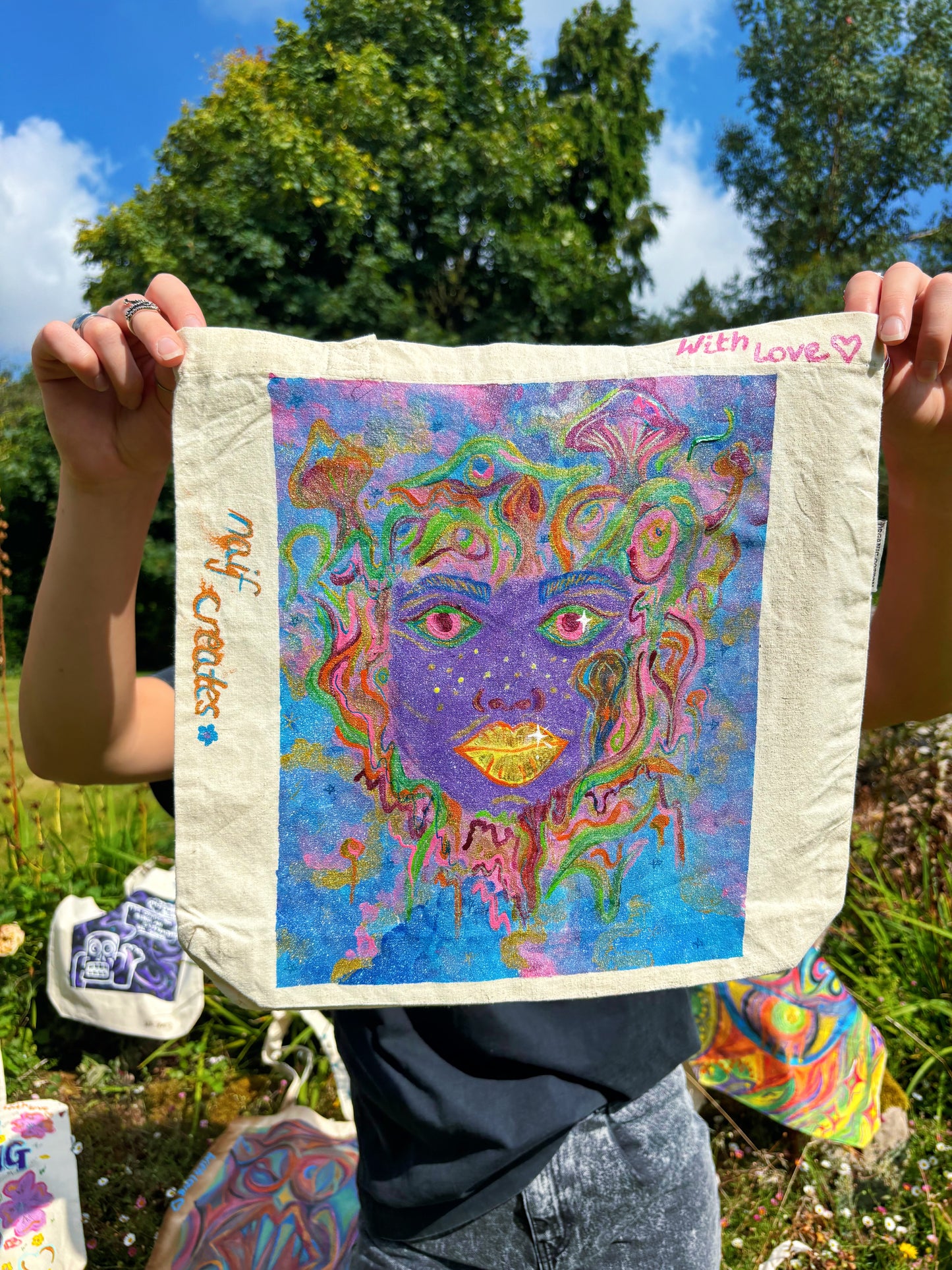 Hand-Painted Eco-Conscious Cotton Tote Bag – "Visions of the Unraveled Mind" Design