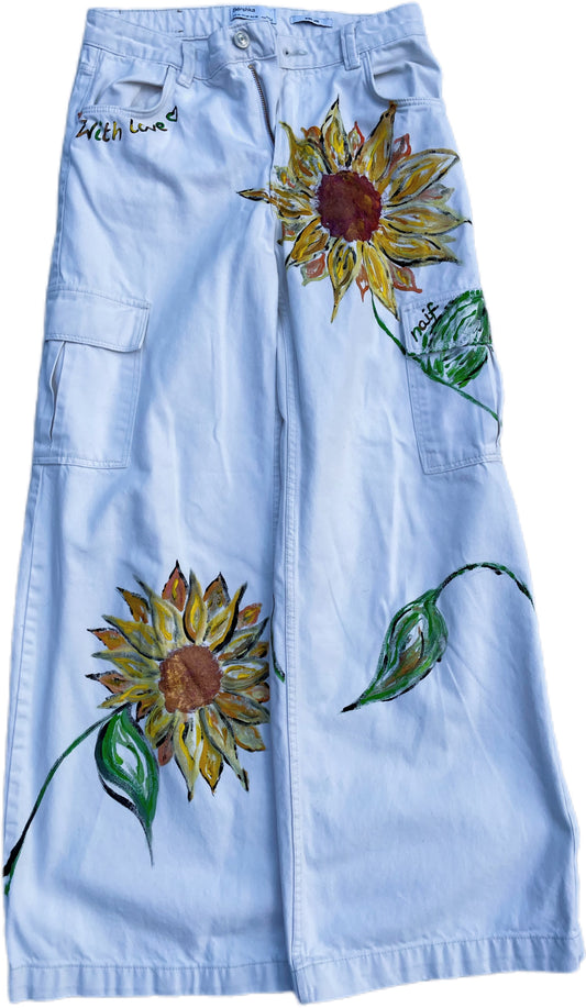 Hand-Painted Denim Trousers – “Sunflowers in Bloom”