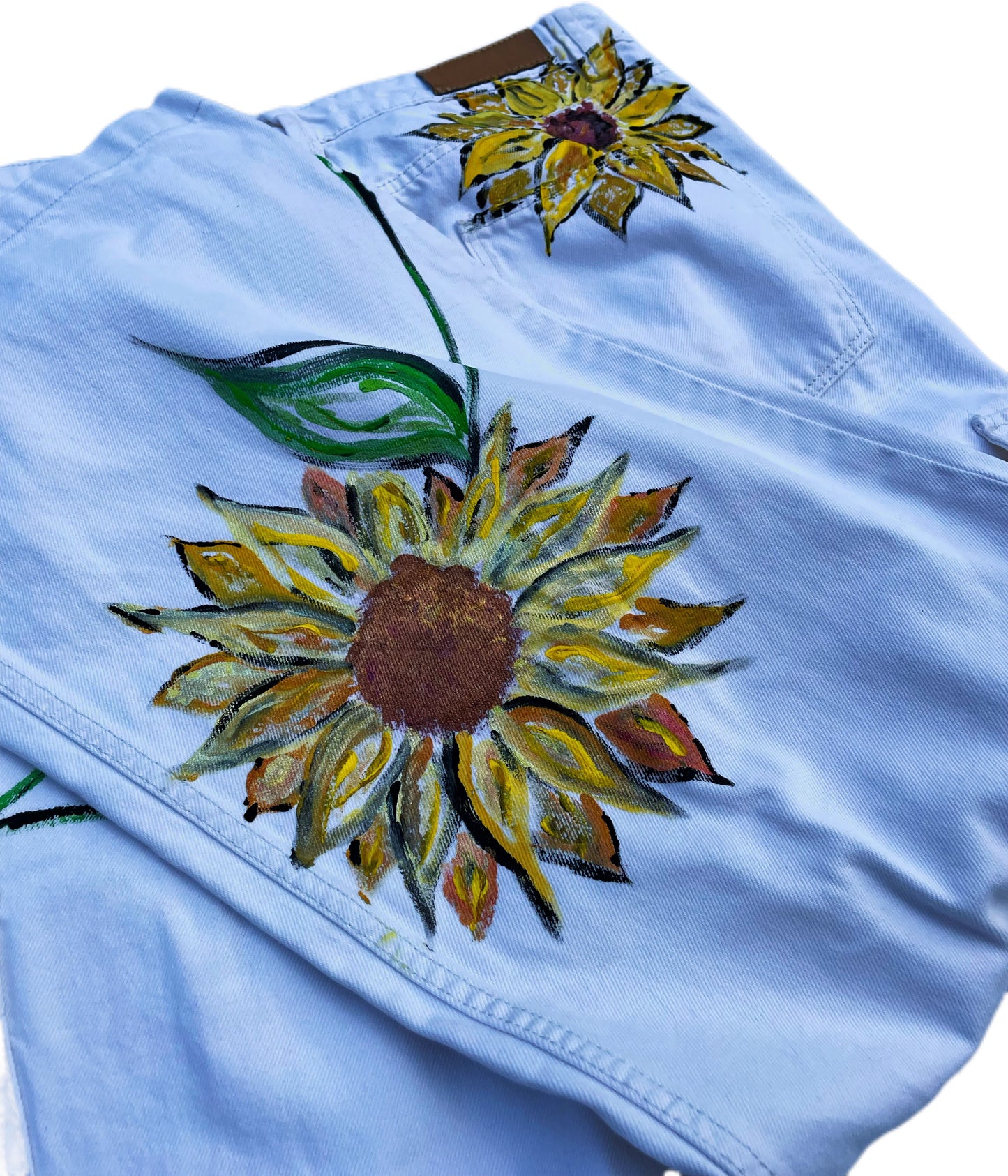 Hand-Painted Denim Trousers – “Sunflowers in Bloom”