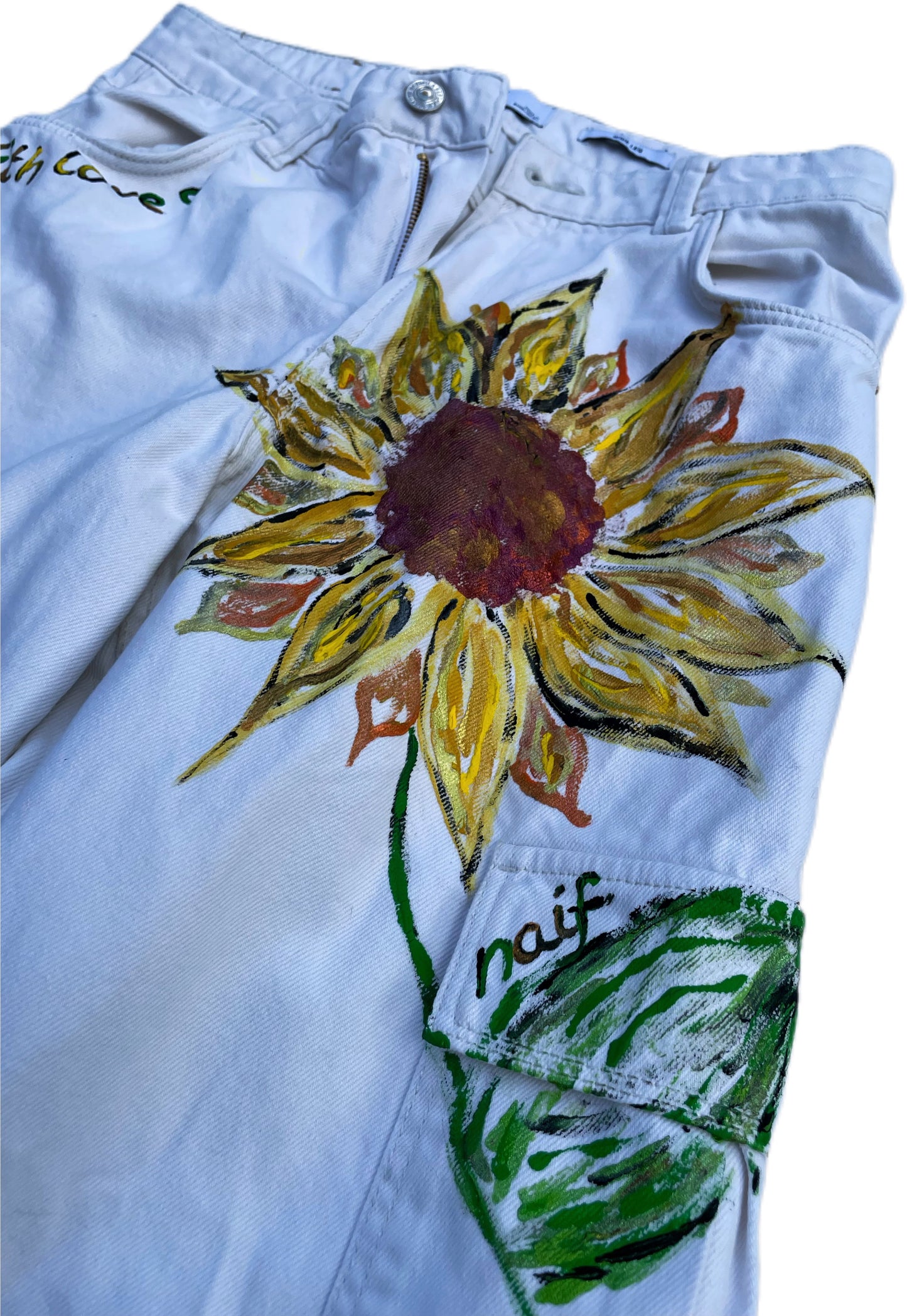 Hand-Painted Denim Trousers – “Sunflowers in Bloom”