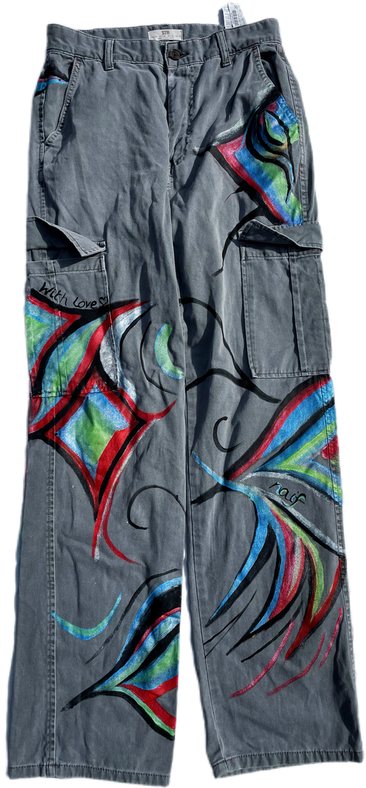 Hand-Painted Cargo Trousers – “Ripples in Motion”