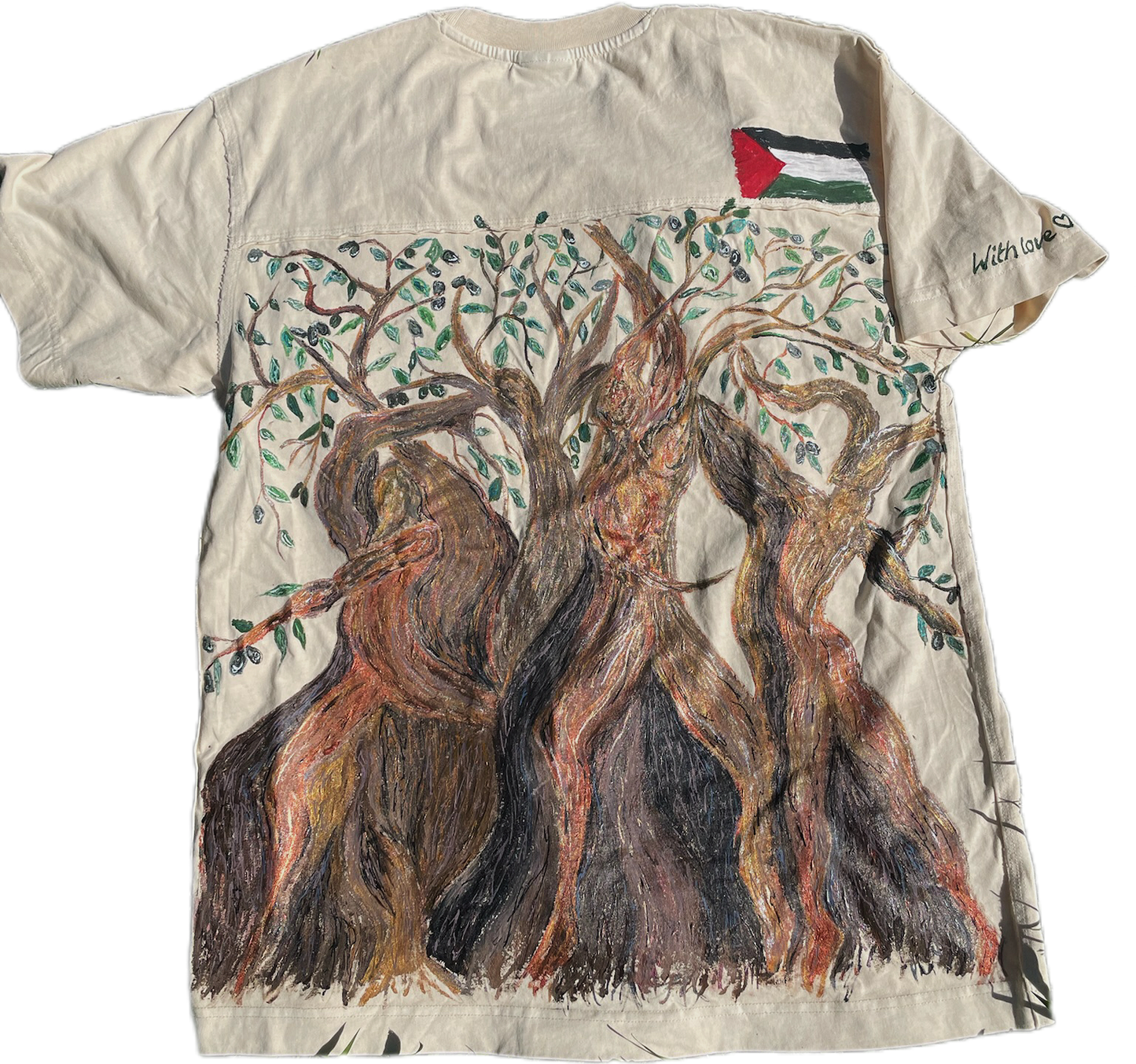 Hand-Painted T-Shirt – “Dancing Olive Trees of Resistance”