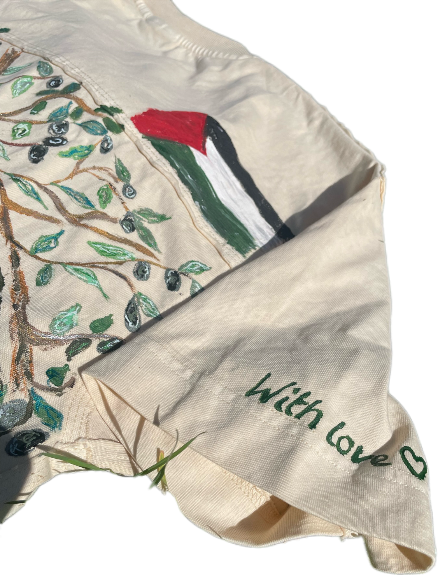 Hand-Painted T-Shirt – “Dancing Olive Trees of Resistance”