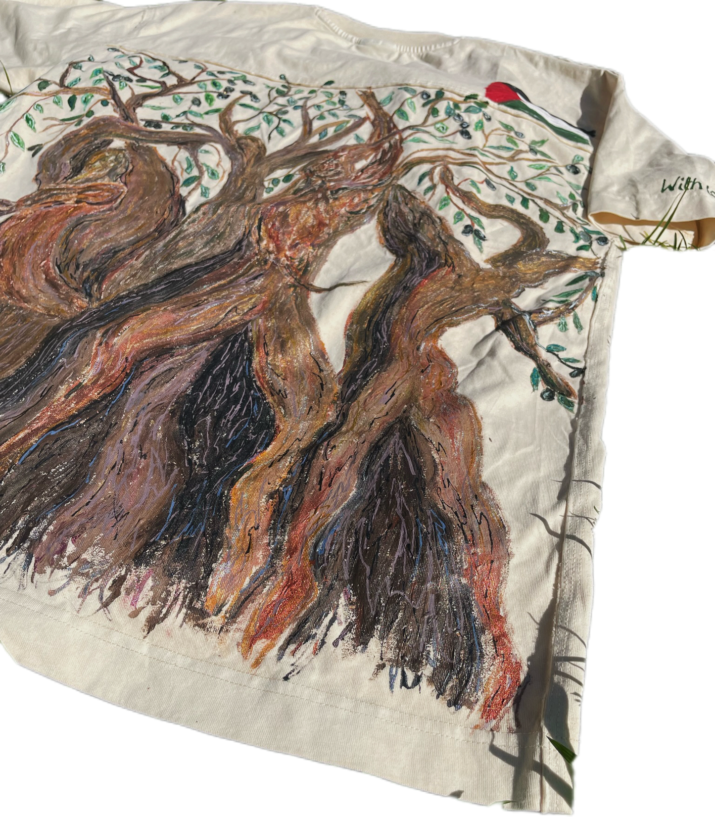 Hand-Painted T-Shirt – “Dancing Olive Trees of Resistance”