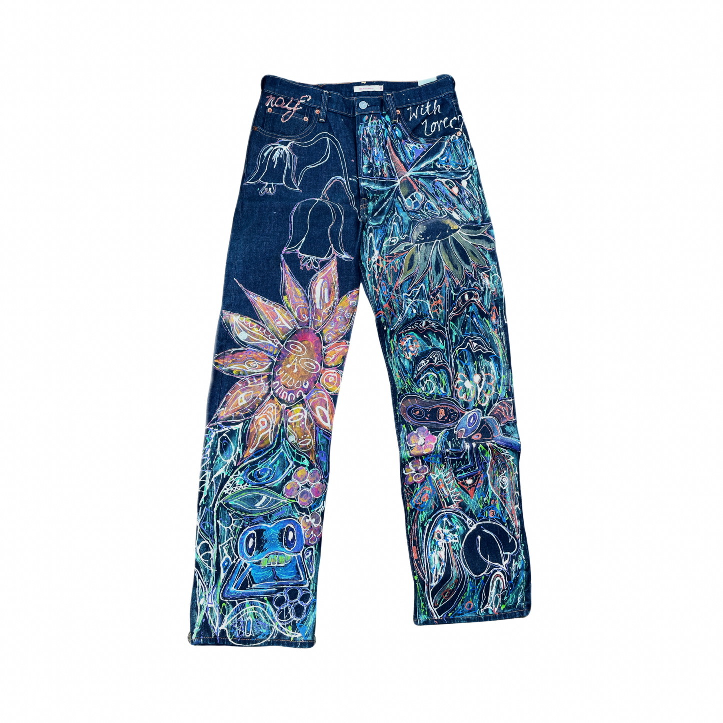 “Garden of Whimsy” Hand-Painted Denim Jeans