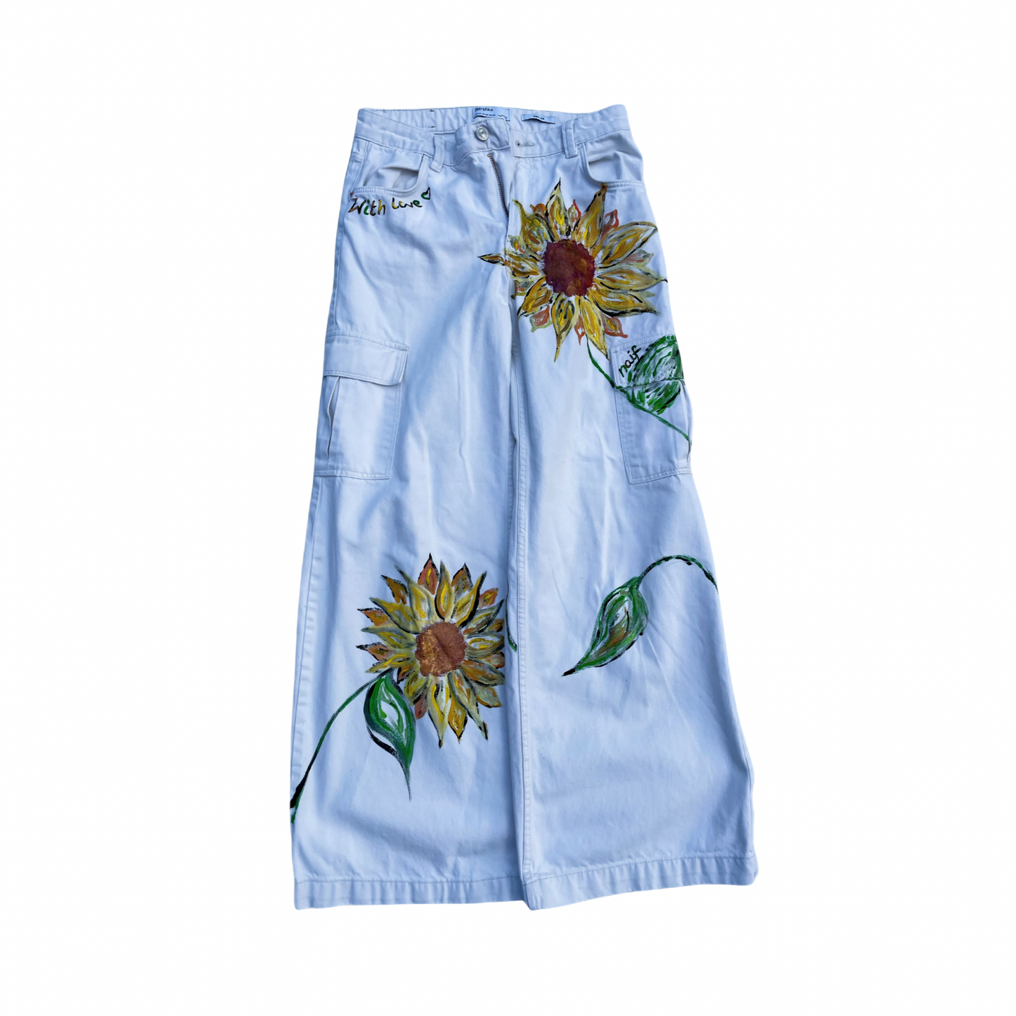 Hand-Painted Denim Trousers – “Sunflowers in Bloom”